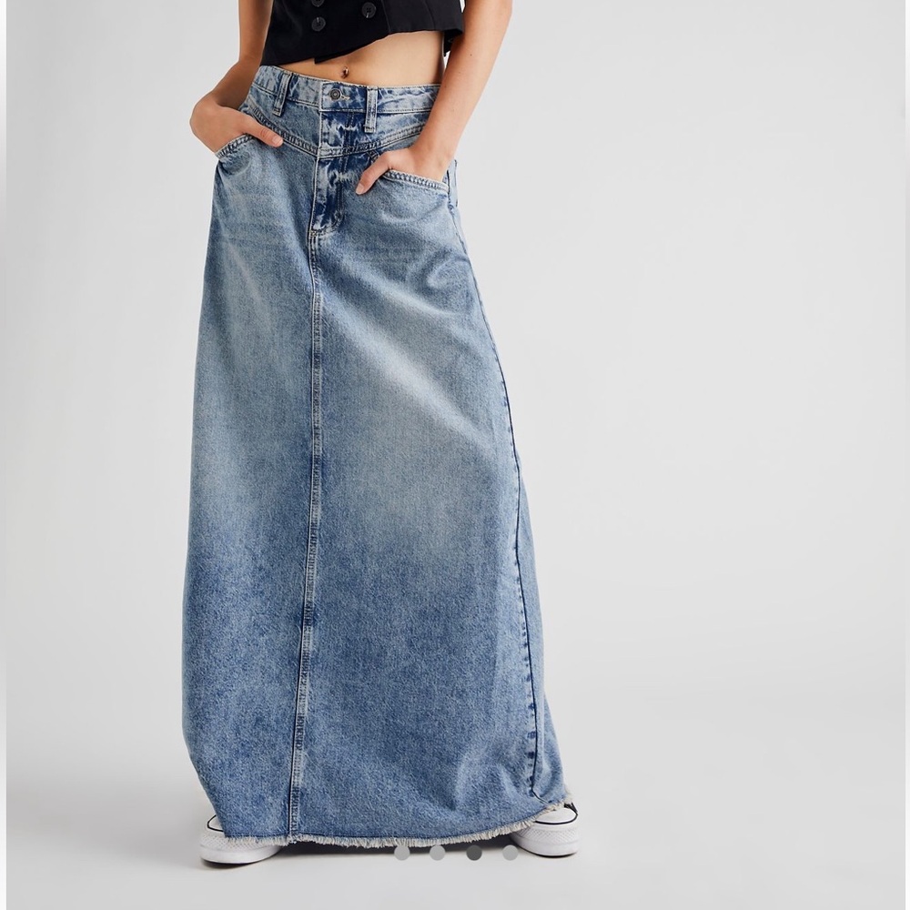 We The Free Light Blue Washed Denim Maxi Skirt